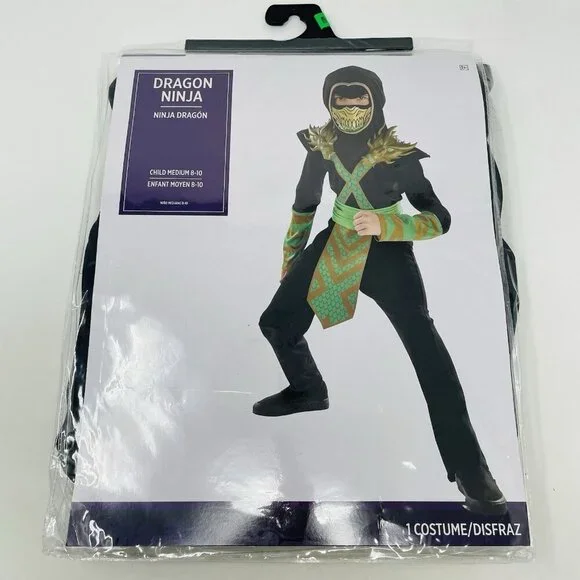 Dragon Ninja Youth Boys Size Medium 8-10 Halloween Dress Up Costume Black/Green - Picture 2 of 8